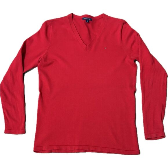 y2K Tommy Hilfiger Women's 100% Cotton Lightweight Red Sweater Tiny Logo Size L - Picture 1 of 7